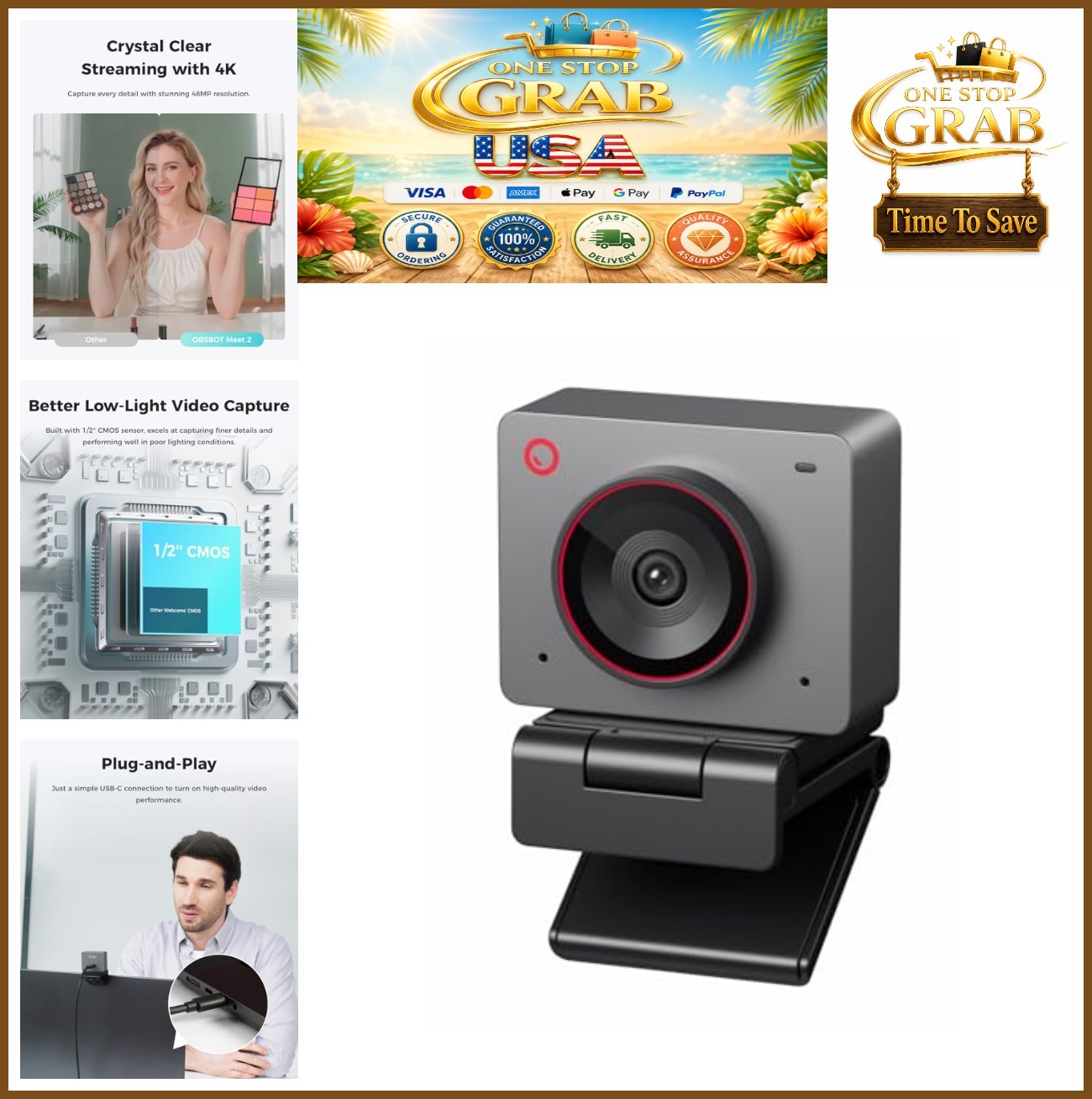 Meet 2 4K Webcam 1/2" CMOS Sensor AI Framing Autofocus Grey USB-C PC