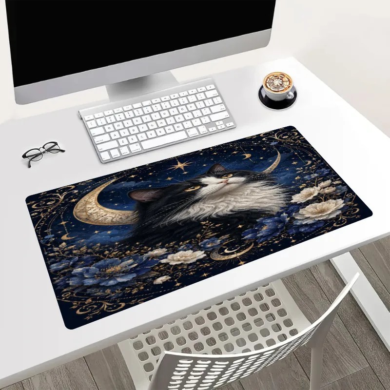 Celestial Cat Moon Mouse Pad 24x14in Large Desk Mat Gothic Floral Decor