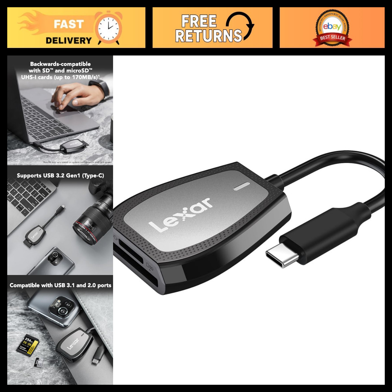 High-Speed Dual-Slot SD/Micro SD Card Reader, USB-C, 312MB/s Read Speed