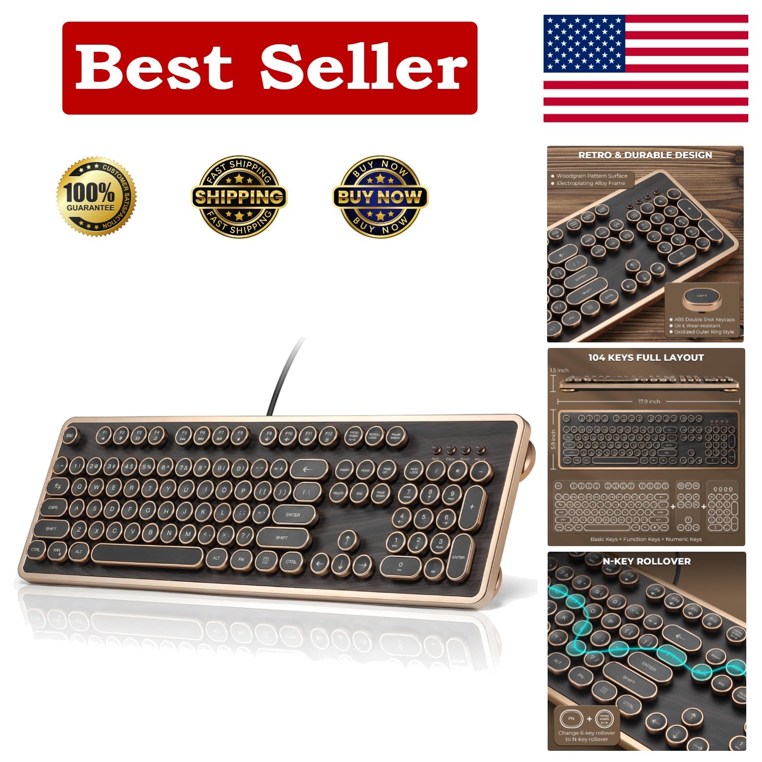 RK104 Mechanical Keyboard, Wired Full-Size 104 Keys with Typewriter Round Key...