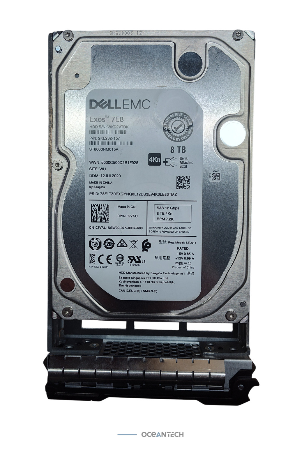 Dell Seagate EMC Exos 7E8 ST8000NM015A 02V7JJ 8TB 7200RPM 3.5" SATA HD W/Tray