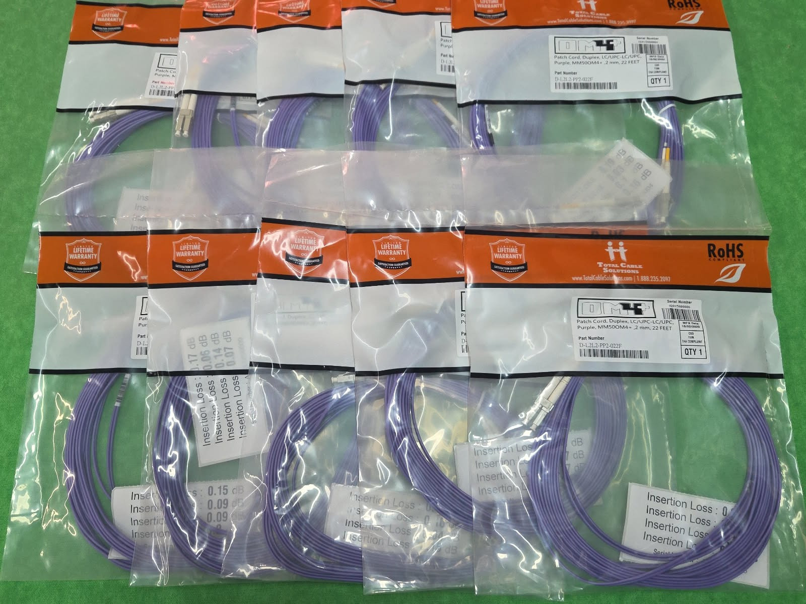 OM4 LC/UPC- LC/UPC Fiber Patch MM Duplex Purple 50/125  22 FT LOT OF 10 PCS NEW