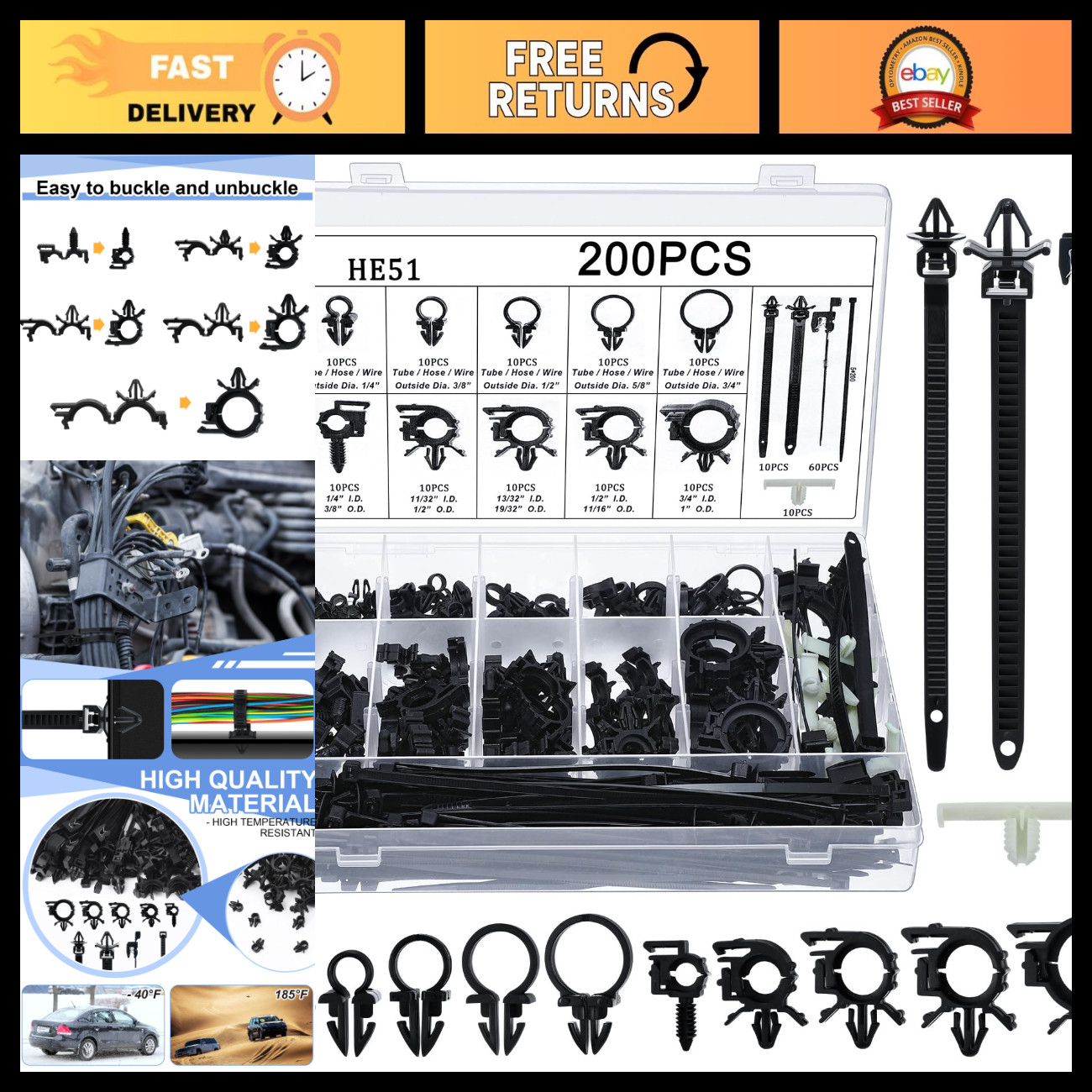 200 Pcs Wire Loom Routing Clips - 15 Sizes Push Mount for Automotive Wiring