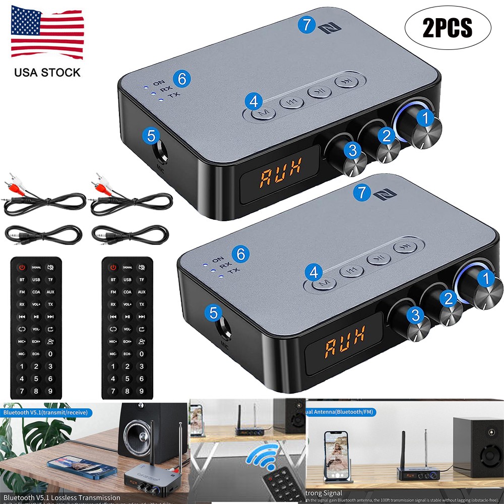 2PCS Bluetooth 5.1 Audio Receiver Transmitter Amplifier HiFi Stereo Adapter NFC