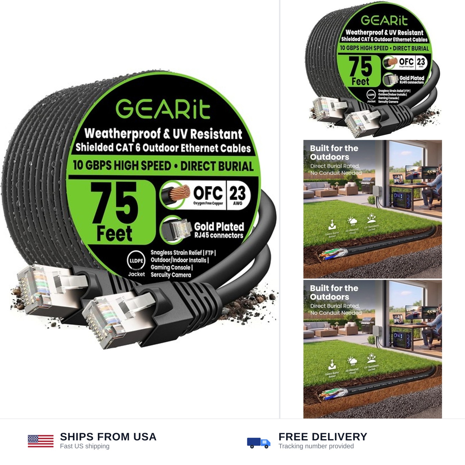 GEARit Cat6 Outdoor Ethernet Cable (75ft) 23AWG Pure Copper, FTP, LLDPE, Wate...
