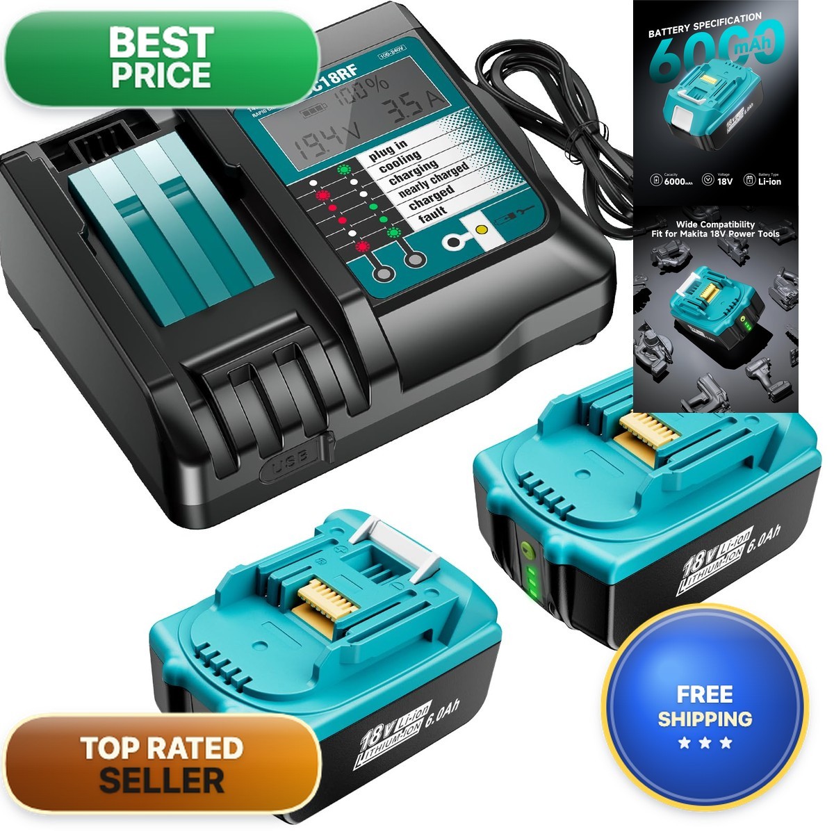 Farmice 2 Pack 6.0Ah Battery and Charger for Makita 18V
