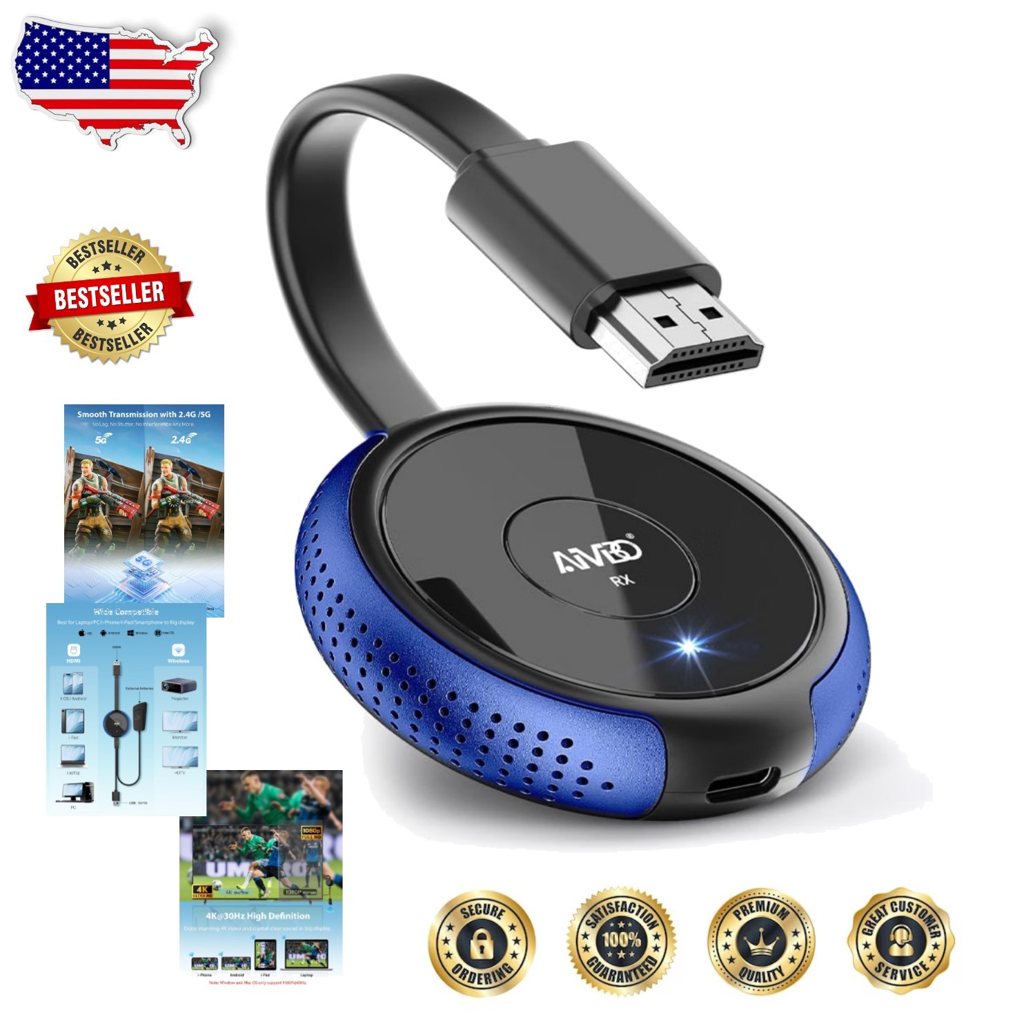 Pro 4K Wireless HDMI Display Adapter, Seamless 65FT Streaming, No Apps Needed
