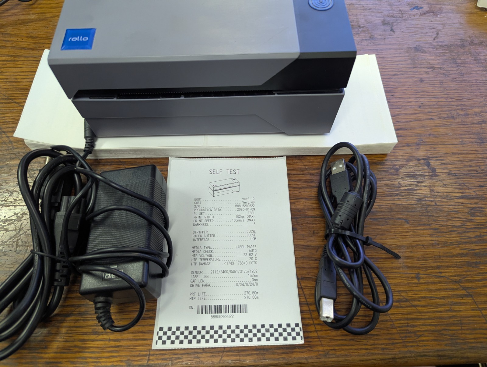 Rollo Printer X1038 Power Cable USB Printer Cable And Stack of Labels Low Usage