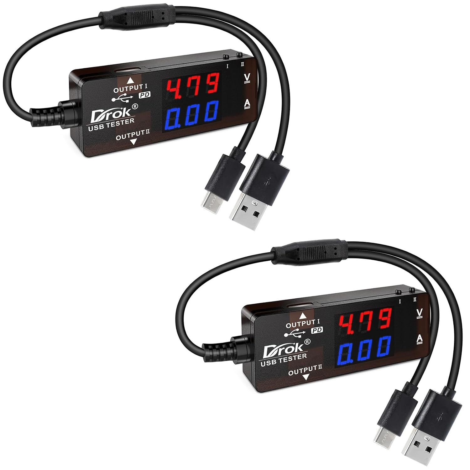 USB Tester 2Pcs, USB-A USB-C 2.0 Multimeter Dual USB Ports PD QC 3.0