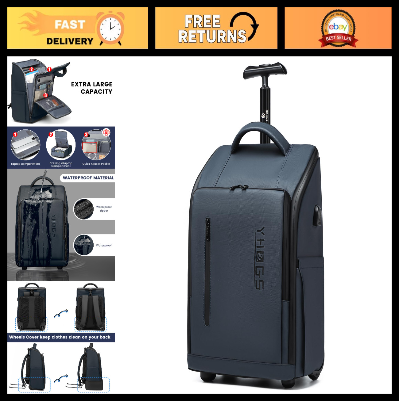 Waterproof Rolling Backpack with Wheels, Laptop Compartment for 15.6" - Commuter