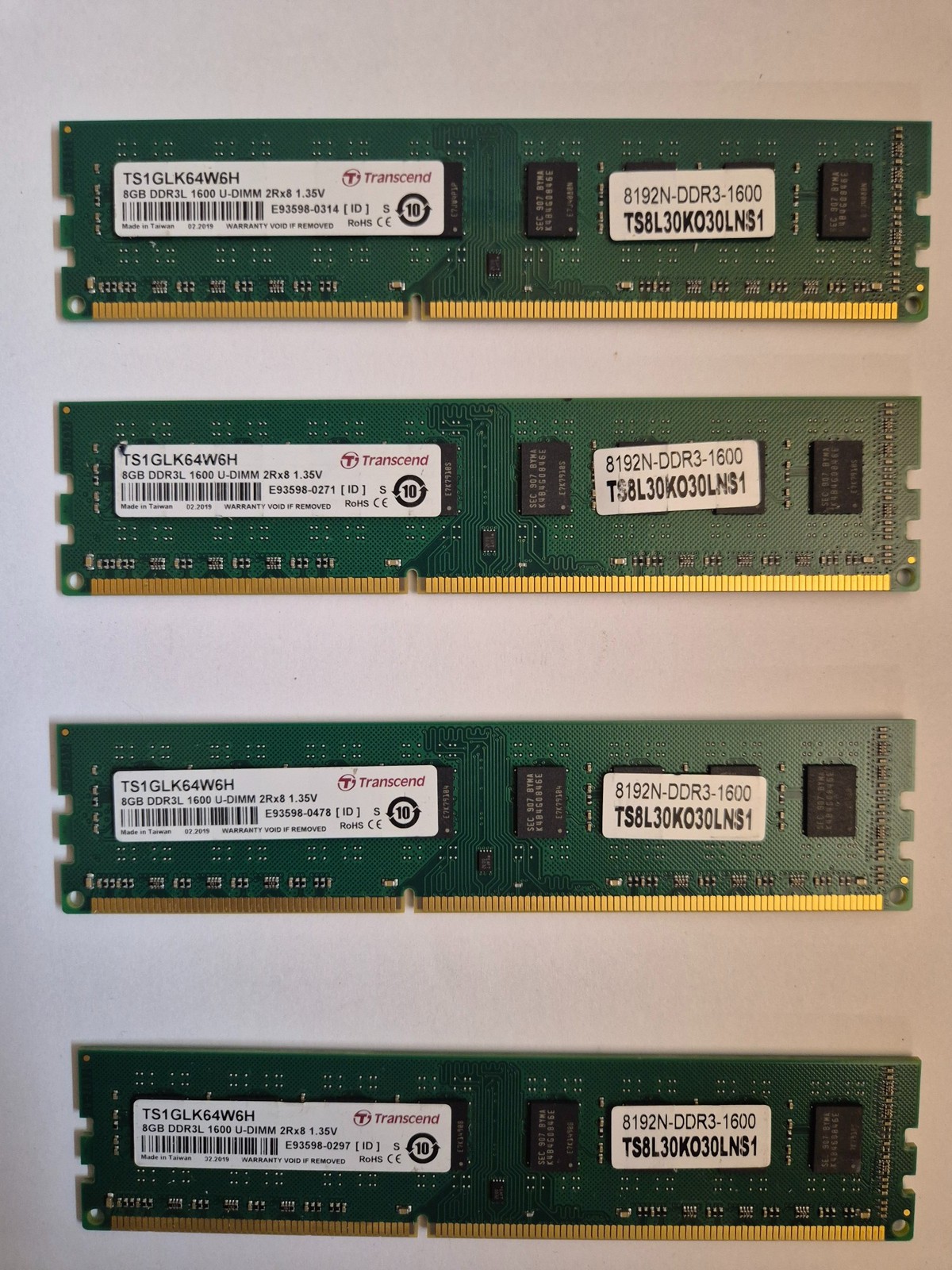 32GB DDR3L Transcend 1600Mhz (4x 8GB kit) U-DIMM 2Rx8 1.35V TS1GLK64W6H