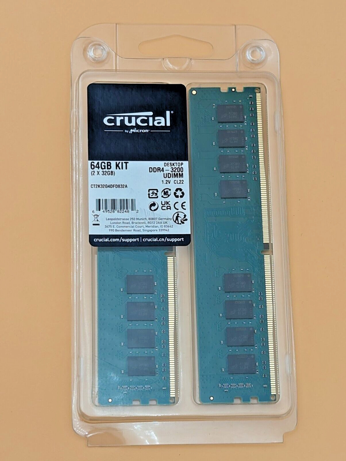 NEW Crucial 64GB Kit (2x 32GB) DDR4-3200 Desktop UDIMM 1.2V CL22 CT2K16G4DFRA32A