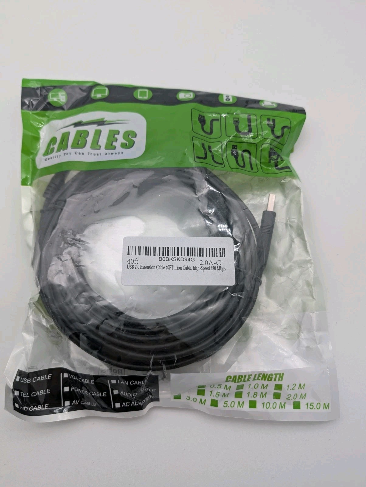 New 40ft USB A-C 2.0 Extension cable High Speed 480 Mbps