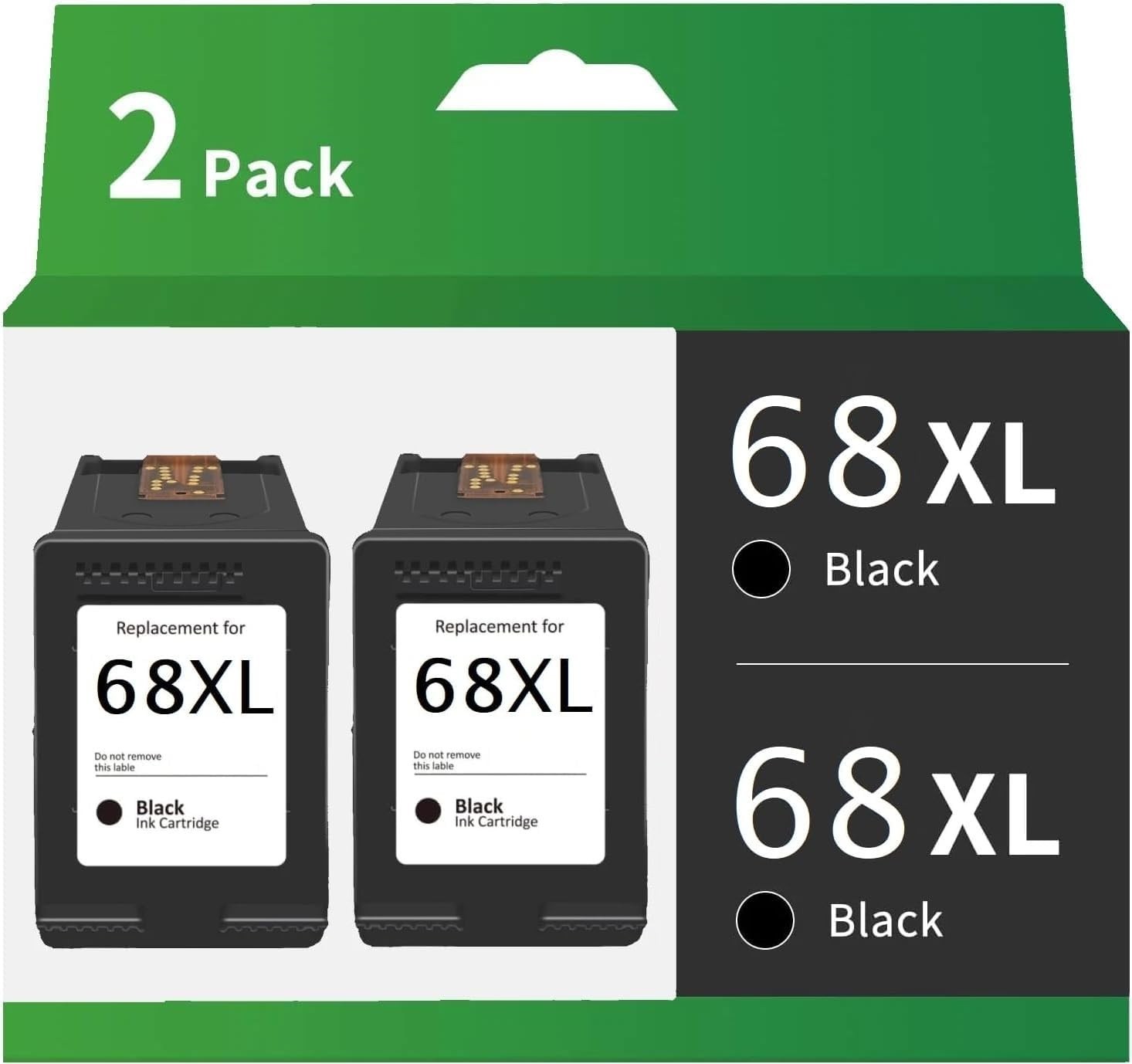 68XL High Yield Ink Cartridges 2 Black Compatible with HP Envy 6555e 6552e 6155e