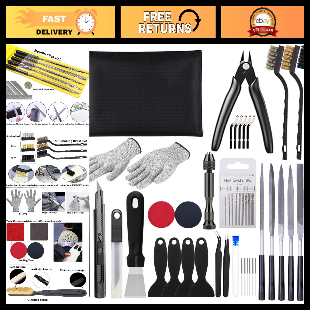 62PCS 3D Printer Tool Kit - Hand Drill, Deburring Tool, Needle Files & Accessori
