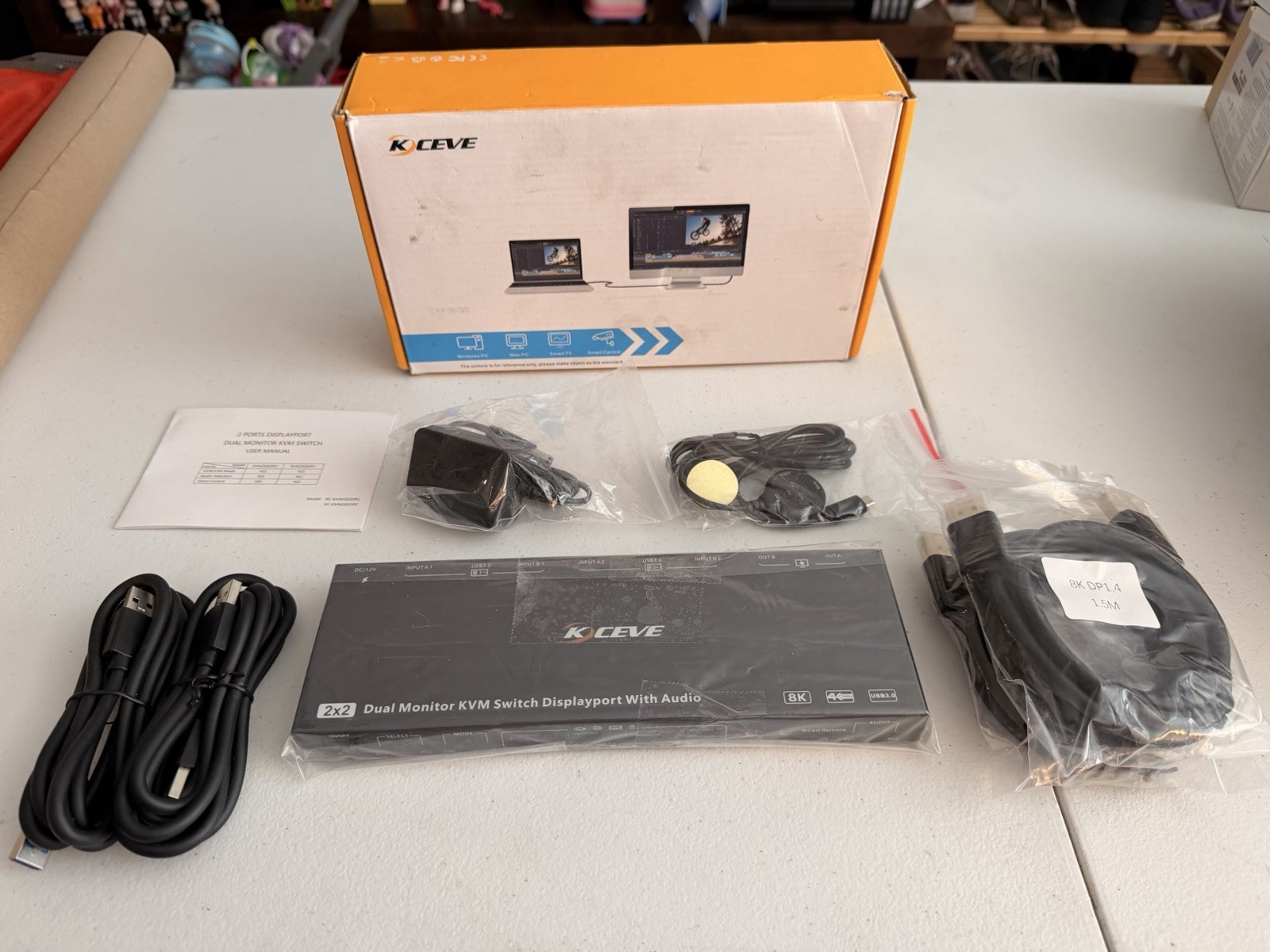 KCEVE 8K 4K 144Hz USB3.0 DP Dual Monitors KVM Switch KC-KVM202DP Used With Box
