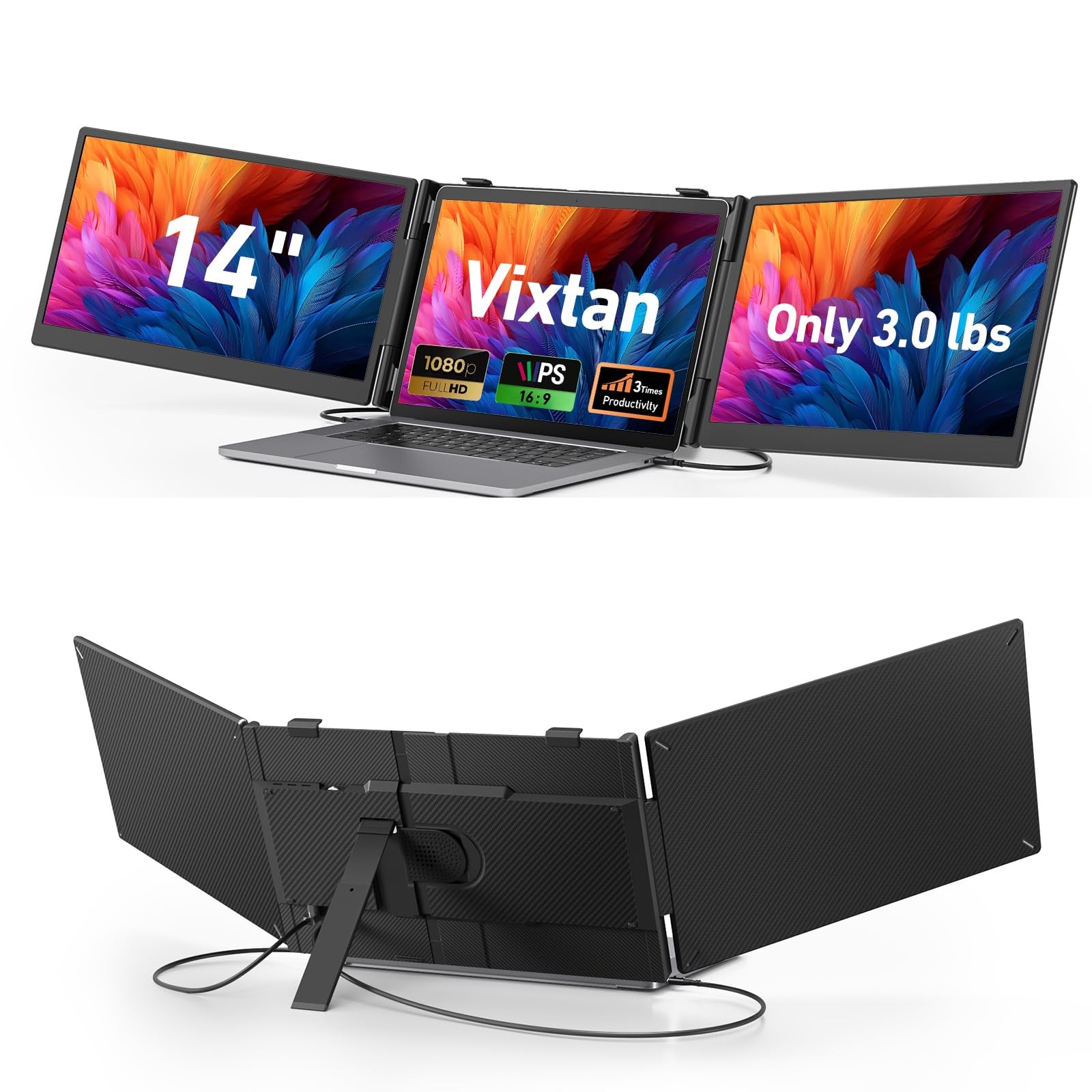 14" Triple Portable Monitor Laptop Screen Extender FHD IPS USB-C for 13-17.3"