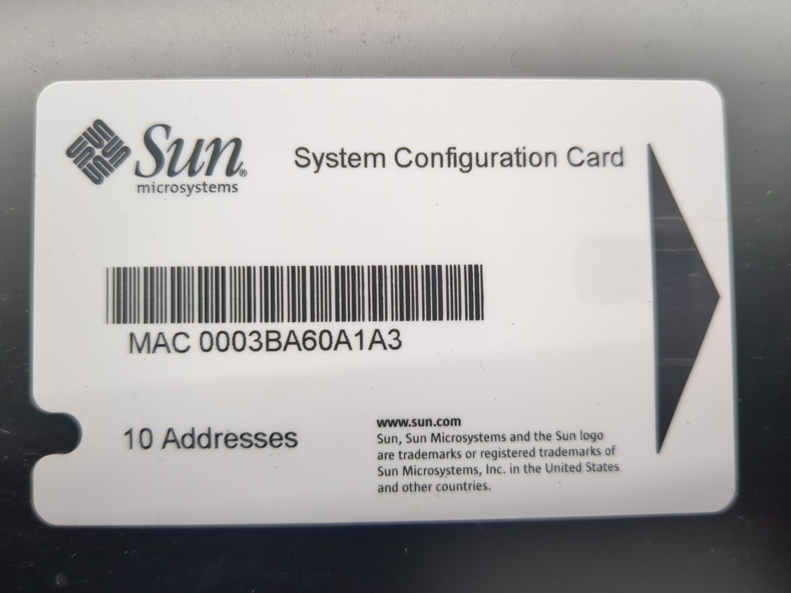 3705155-02   SUN SYSTEM CONFIGURATION CARD