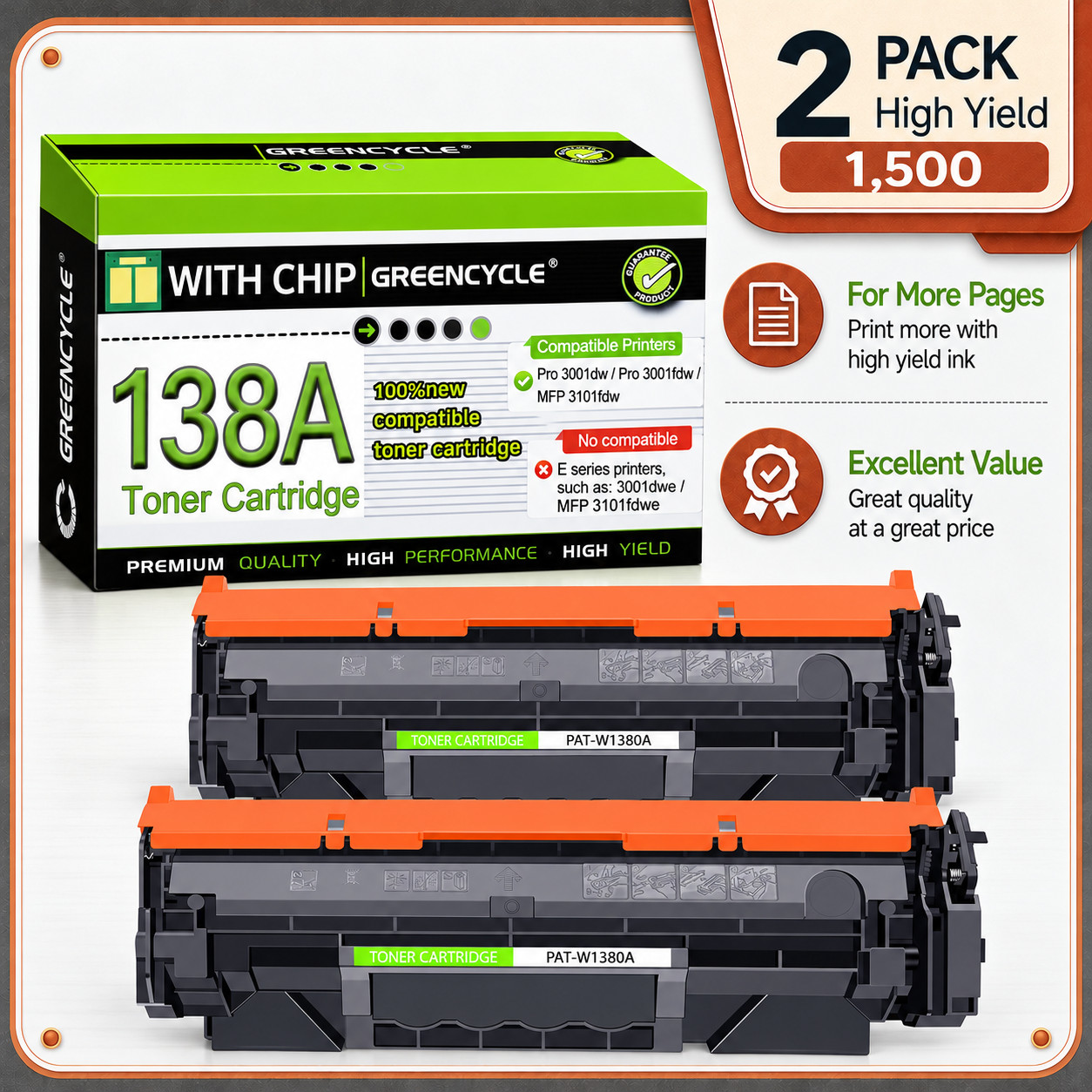 2 Pack W1380A 138A Toner Cartridge Replacement for HP 3001dw 3001fdw MFP 3101fdw