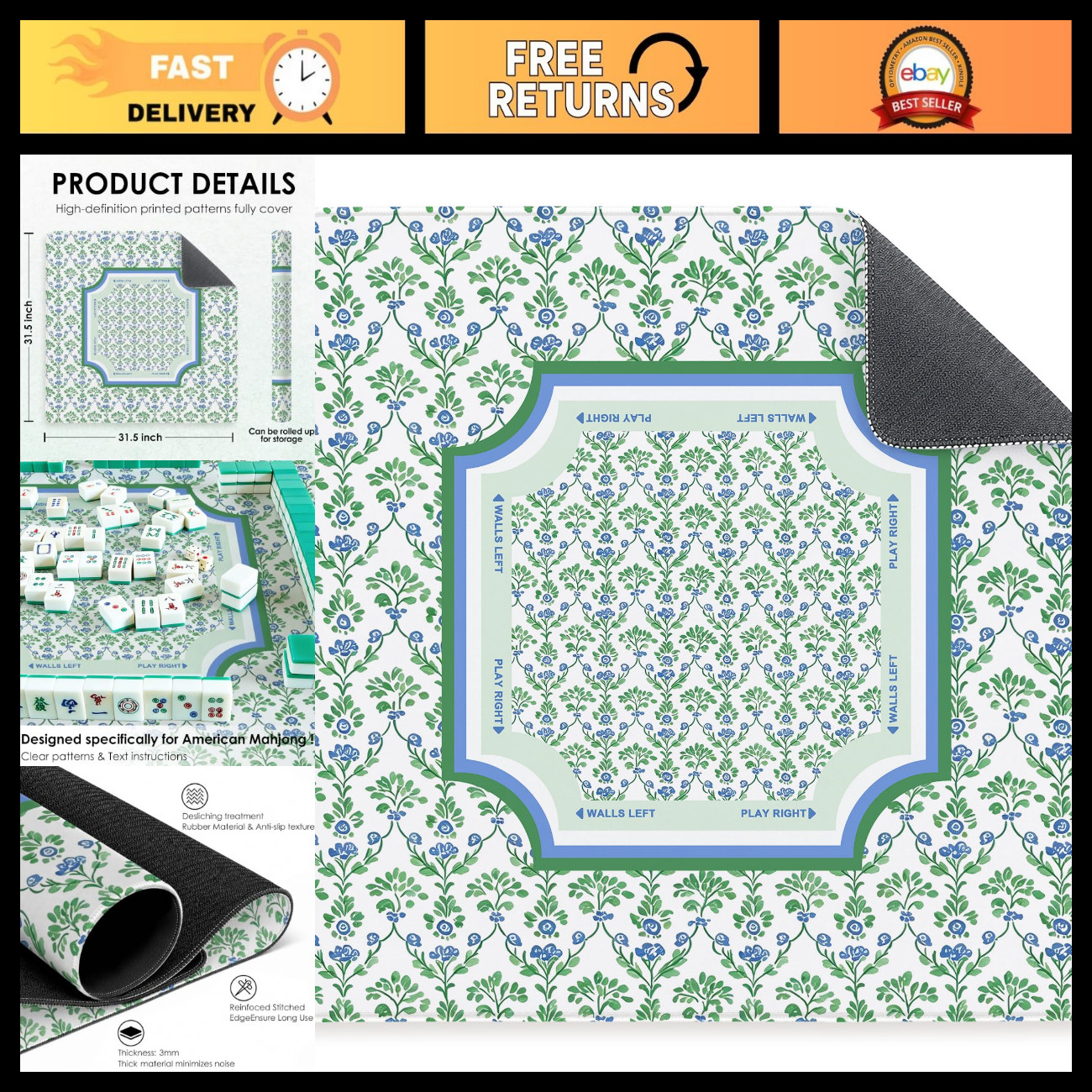 Chinoiserie Green Floral Mahjong Mat 31.5" Non-Slip Gaming Mat for Poker & Card