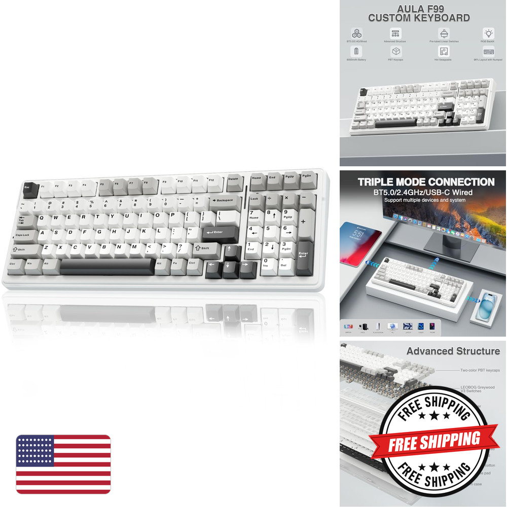 AULA Keyboard Black&Grey&White Multicolor Plastic Battery Operated Rechargeable
