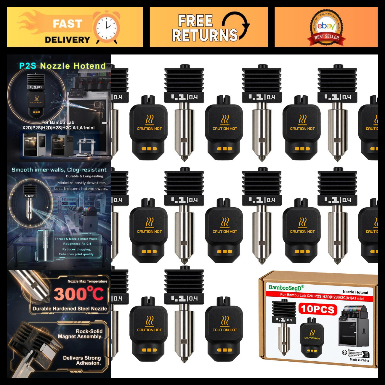 10pcs 0.4mm Hotend Nozzle Kit for 3D Printers - Hardened Steel Replacement Parts