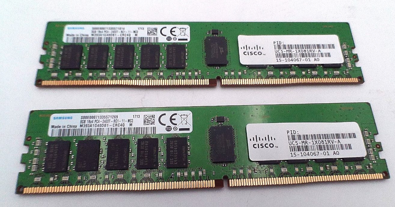 LOT OF 2 - CISCO 8GB 1RX4 PC4-19200T-R DDR4-2400MHZ RDIMM (UCS-MR-1X081RV-A)
