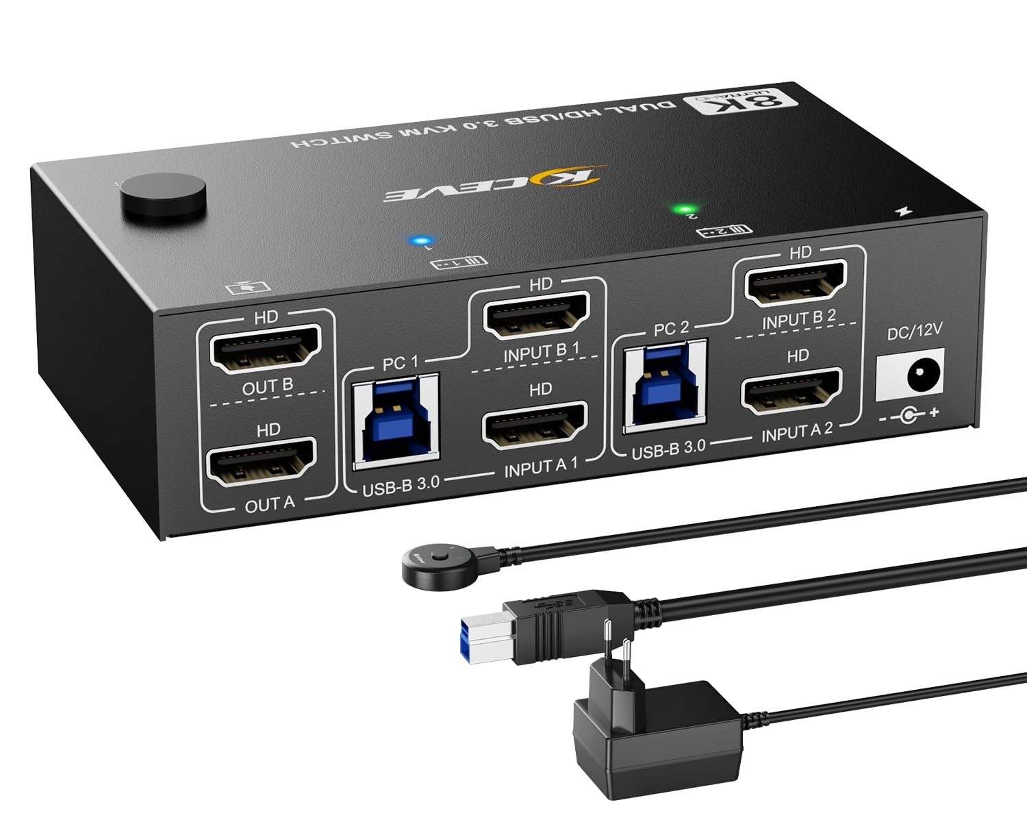 8K Dual Monitor HDMI KVM Switch 2 PC 2 Monitors USB 3.0 w/ Cables Remote