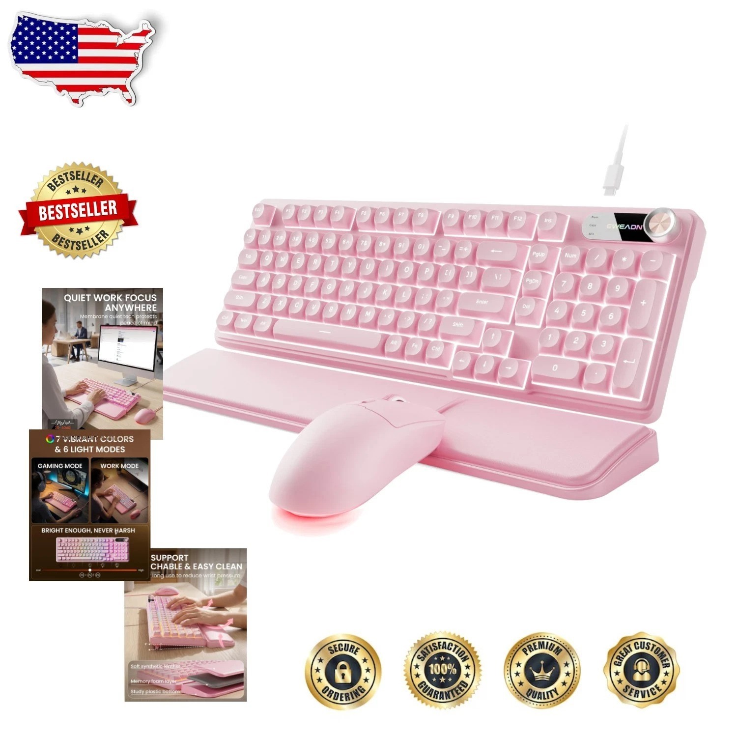 Cute Pink Keyboard Mouse, RGB Lighting, Detachable Wrist Rest, Quiet & Ergonomic