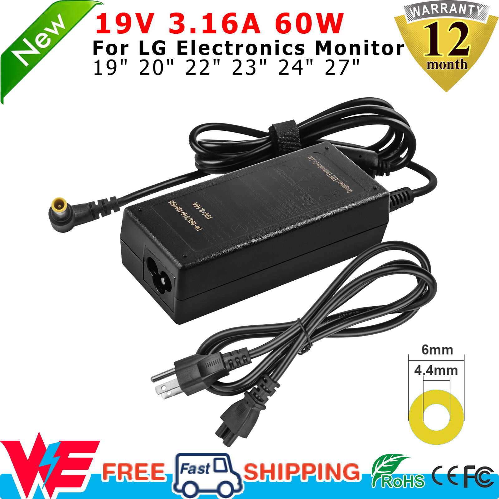 19V AC Adapter For LG Electronics 34UM68-P,29UM58-P,25UM56-P,25UM57-P,29UM57-P