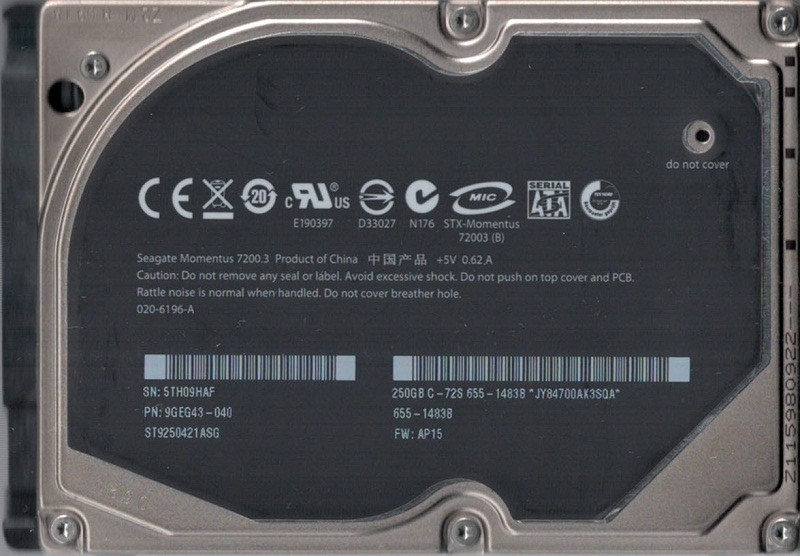 ST9250421ASG P/N: 9GEG43-040 F/W: AP15 MAC 655-1483B Seagate 250GB