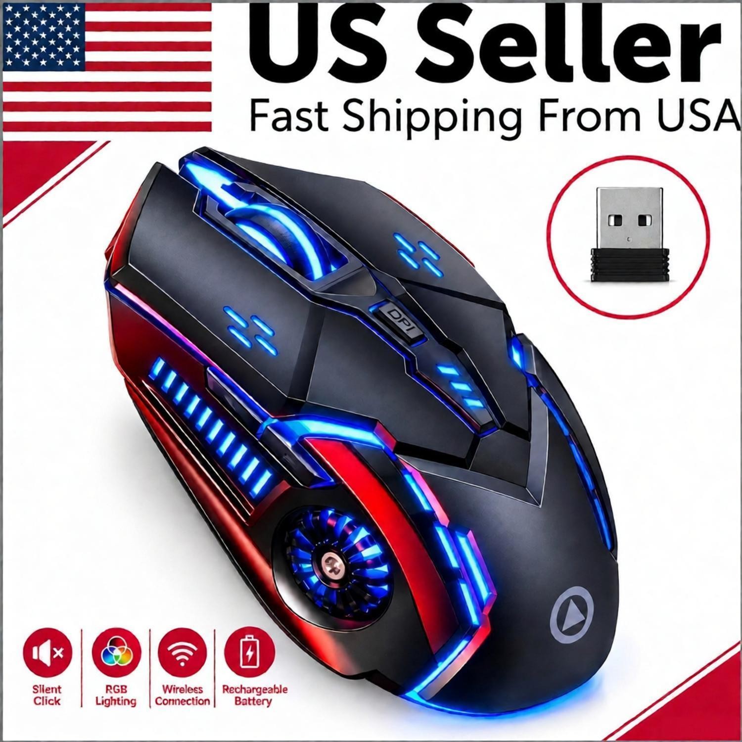 Wireless Gaming Mouse Silent RGB Rechargeable LED Optical USB Mouse