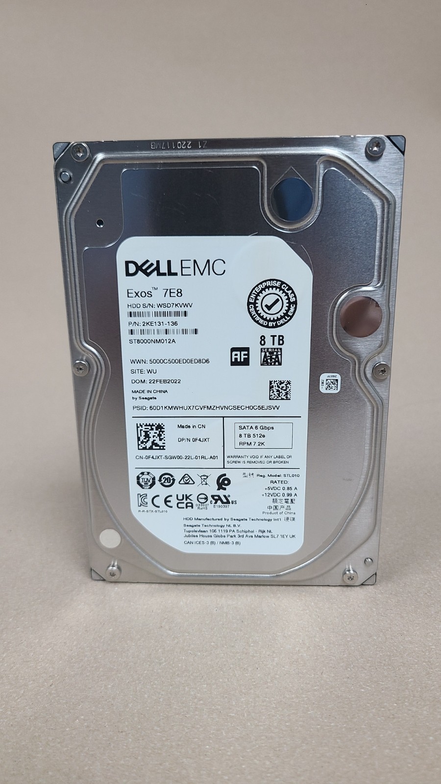 Dell Exos 7E8 3.5" ST8000NM012A 8TB 6Gbps 7.2K RPM SATA HDD Drive PN: 0F4JXT