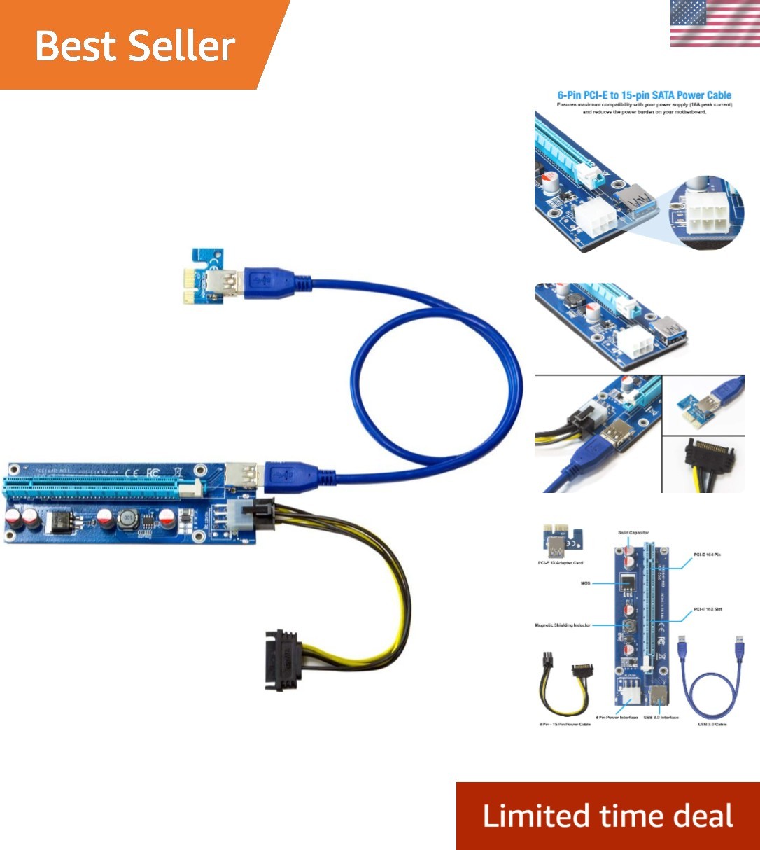 PCIe Riser Card Adapter 1x to 16x with 6-Pin Power Cable, SATA to PCI-E Exten...