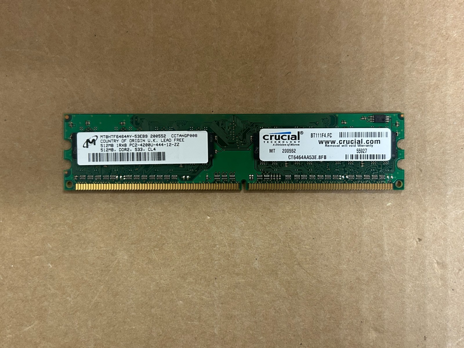 Micron MT8HTF6464AY-53EB9 DDR2-533 512MB 1Rx8 PC2-4200U-444-12-ZZ CL4 Memory