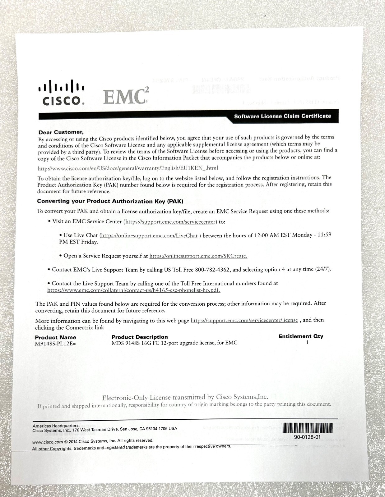 L-M9148S-PL12= Cisco MDS 9148S 16G FC 12 Port Upgrade License NEW~