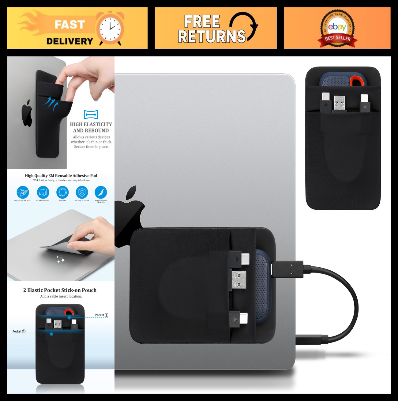 Portable Hard Drive Sleeve for Laptop - 2-Pocket Adhesive Pouch for SSDs, Black