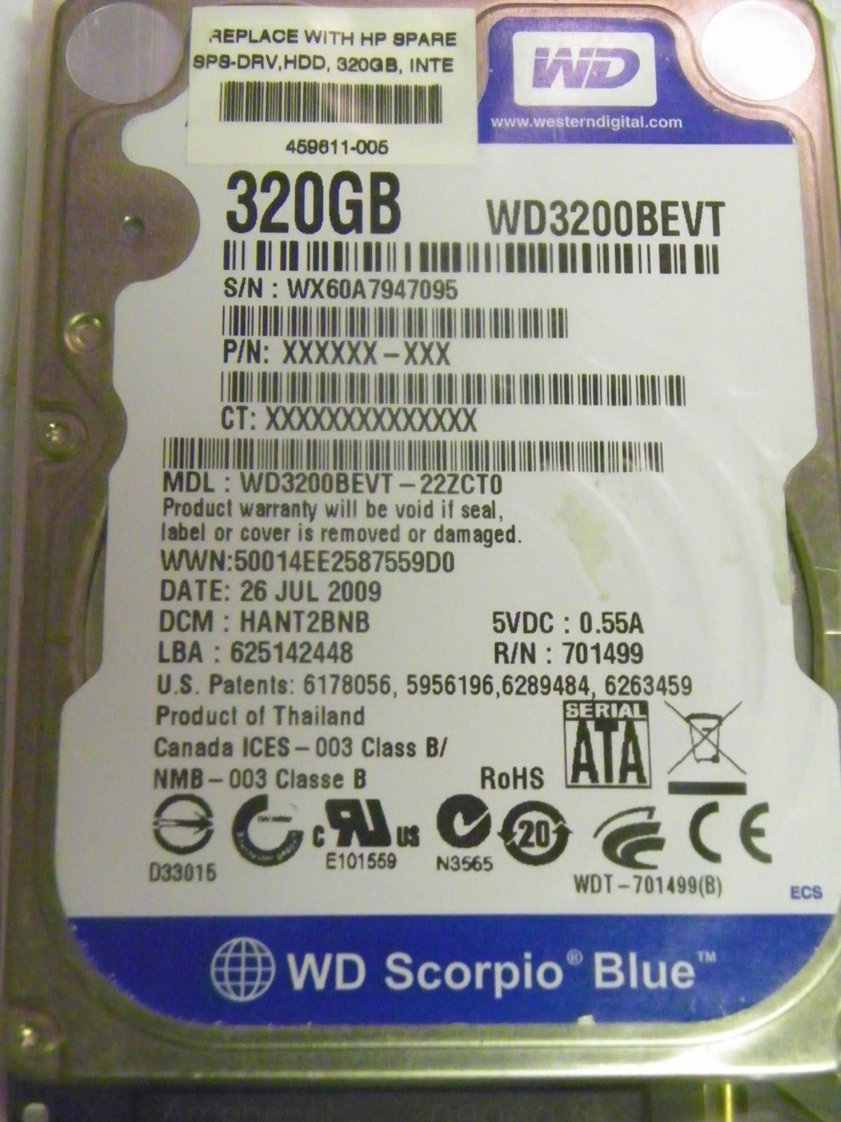 Western Digital WD3200BEVT-22ZCT0 Laptop 320GB 2.5" SATA Hard Drive 