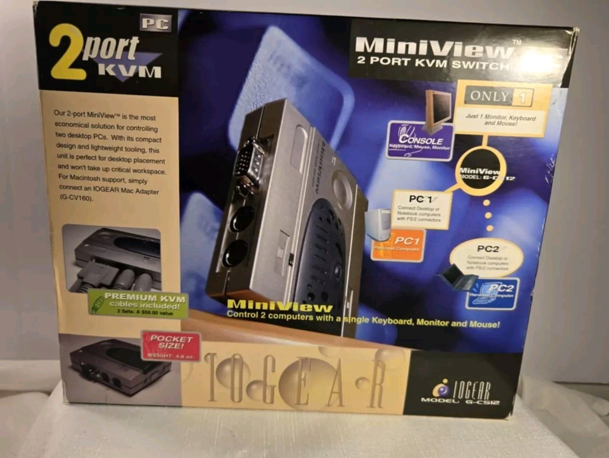IOGEAR Mini View GCS12 2-Port  KVM Switch with 2 sets Cables New in unopened box