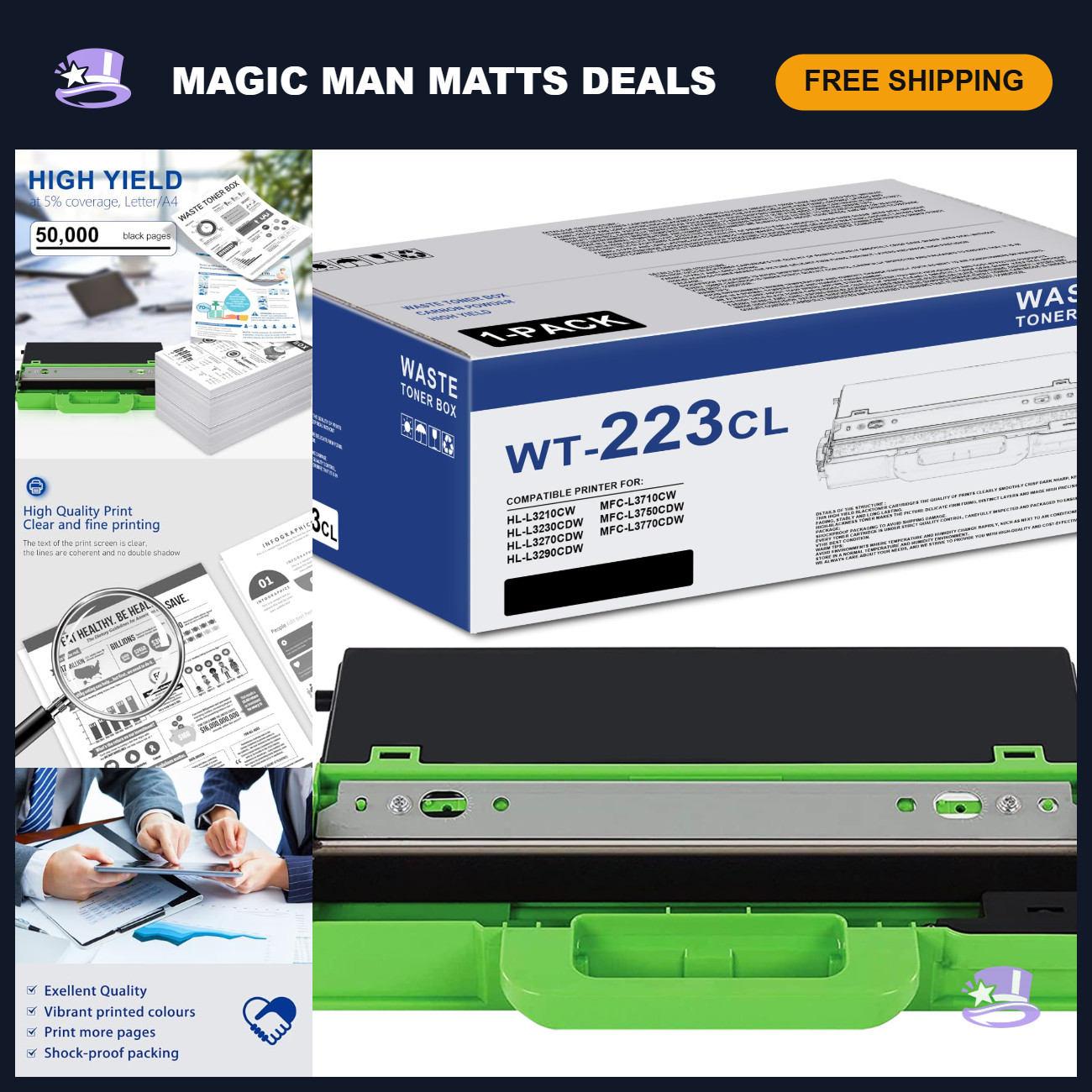 Waste Toner Box for Laser Printers, 50,000 Pages Capacity, Black, High Yield