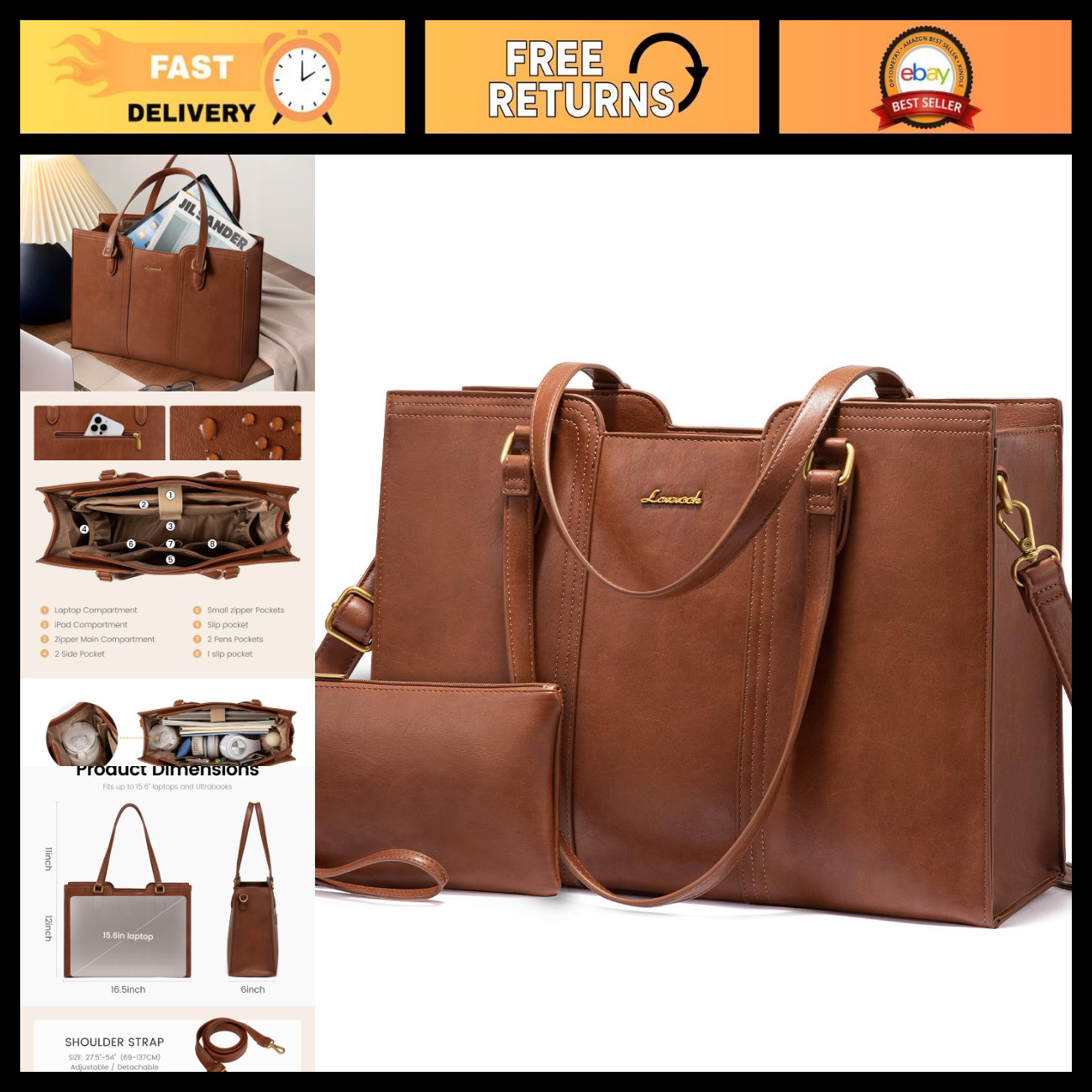 Waterproof Vintage Laptop Tote Bag for Women - Stylish Work Purse with Wristlet