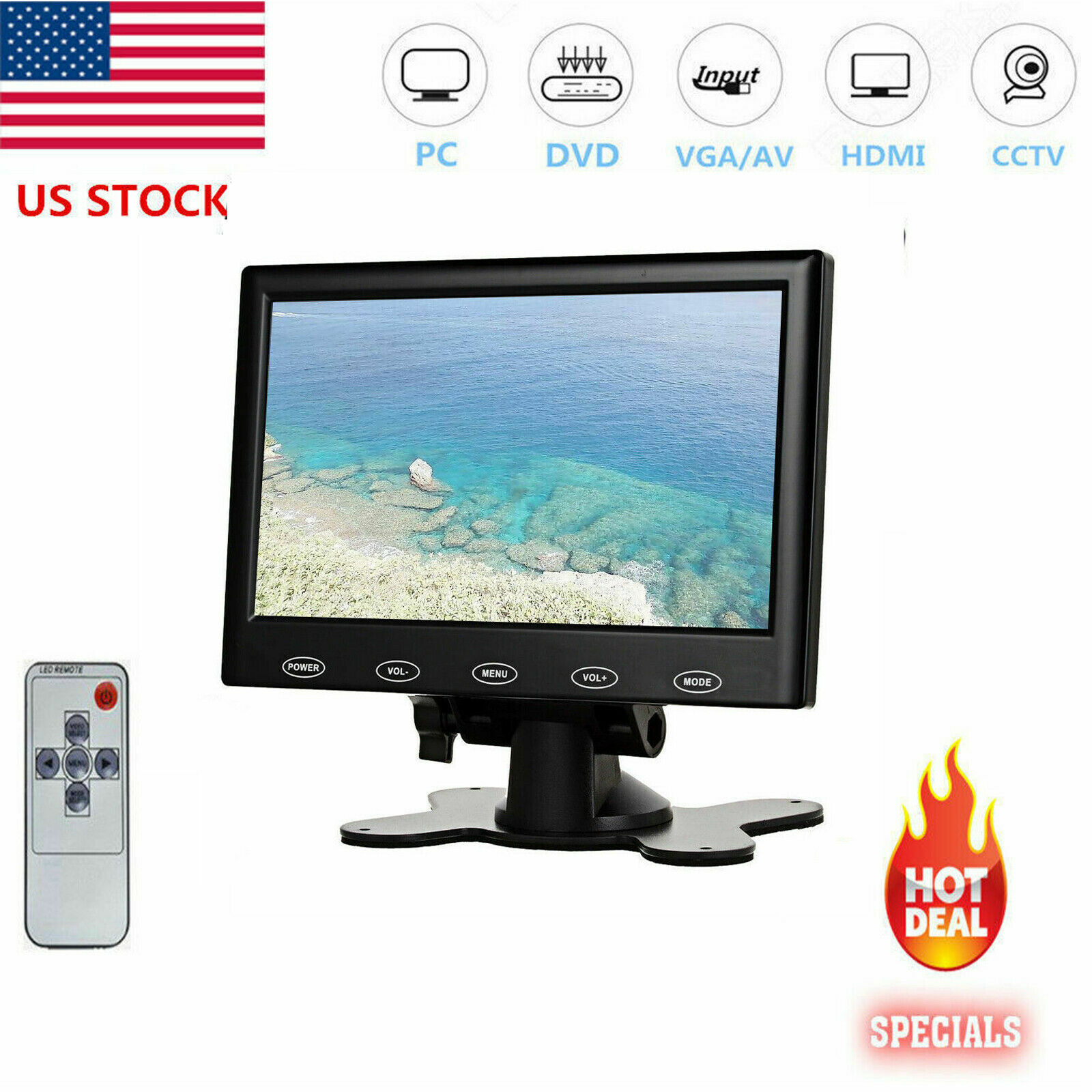 US-7'' Portable Small Monitor HDMI LCD Screen for PC/TV/Security System VGA