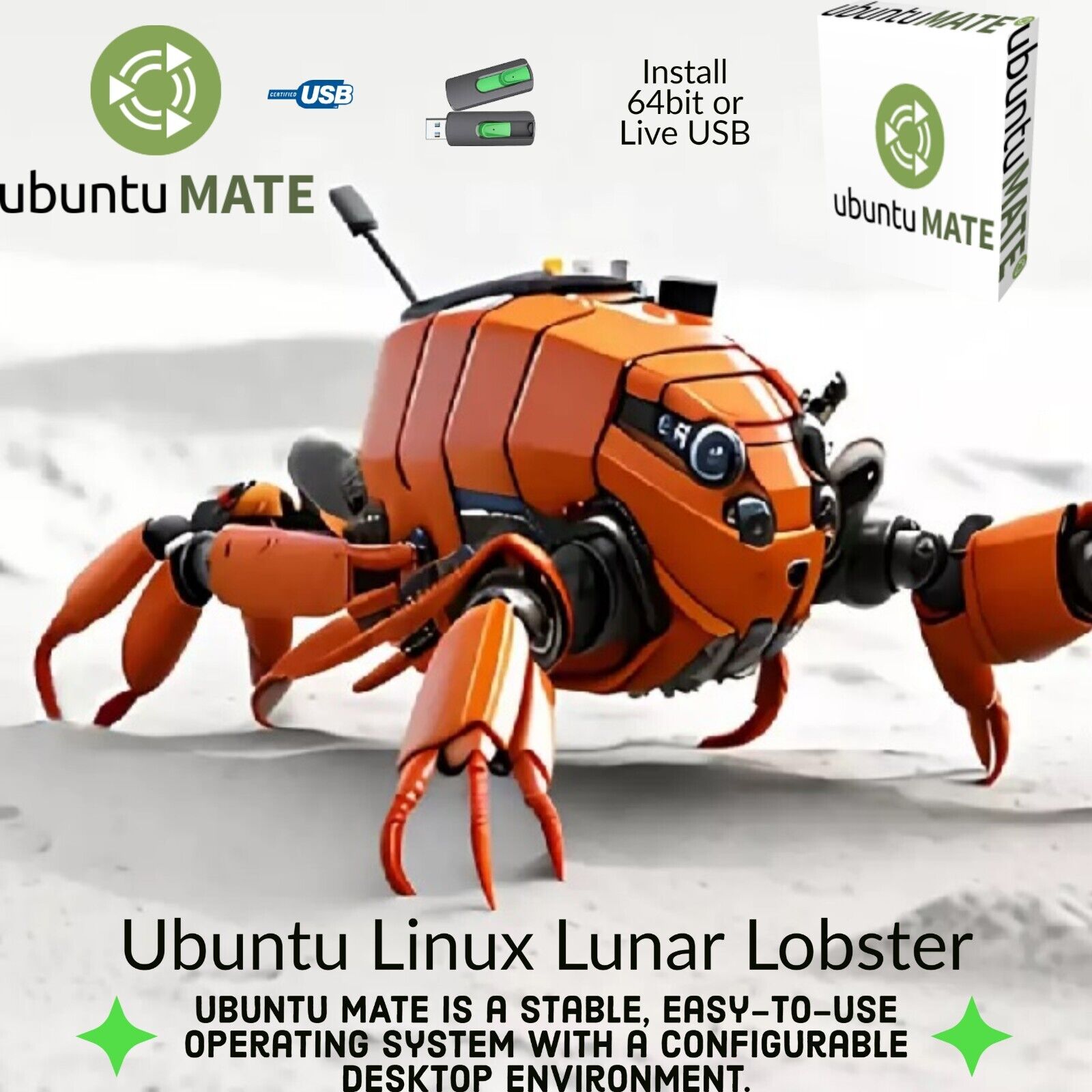 Ubuntu Mate 32Gb USB  Bootable Lunar Lobster Linux 64 Bit Live Install  *17