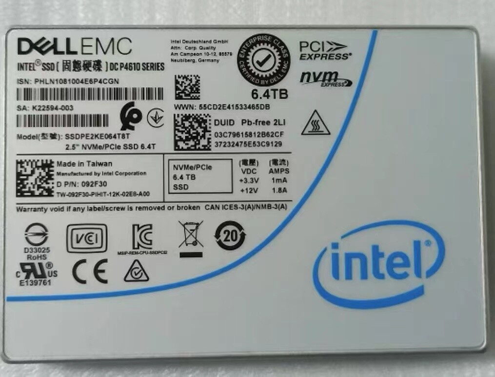Intel P4610 6.4TB U2 Solid State SSDPE2KE064T8T SSD 092F30 DELL NVME Drive U.2