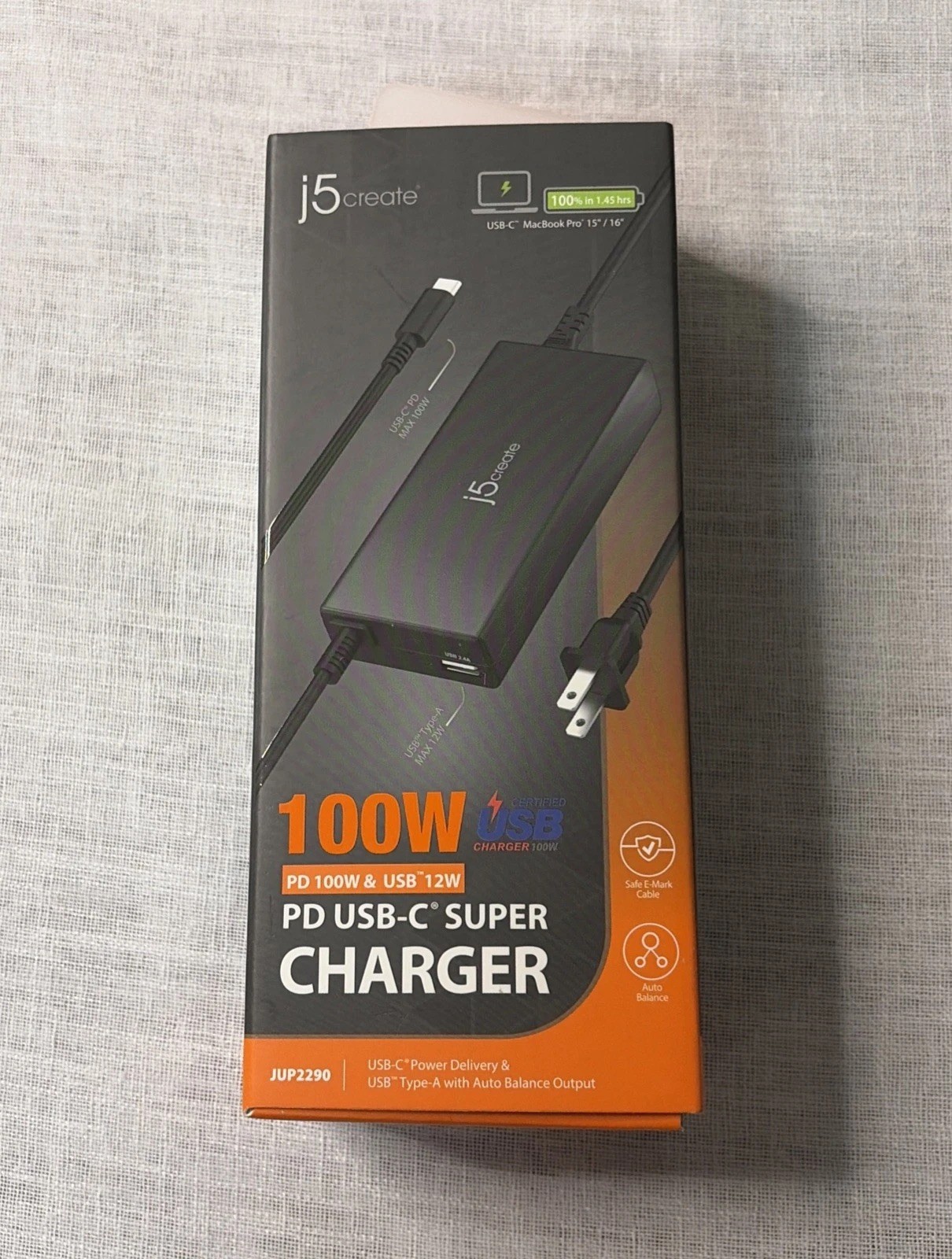 j5create 100W PD USB-C Super Charger Power Adapter Black JUP2290 NIB