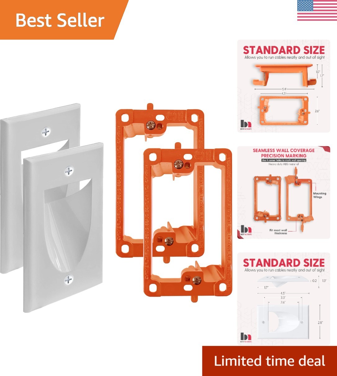 Recessed 2-Pack Wall Plate for HDMI & A/V Cables - Easy Install Bracket Included
