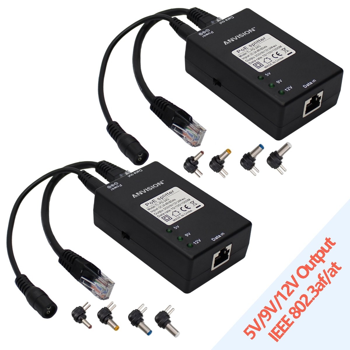 ANVISION 2-Pack Active Gigabit PoE Splitter Adapter with Multi-Size Tips, IEEE