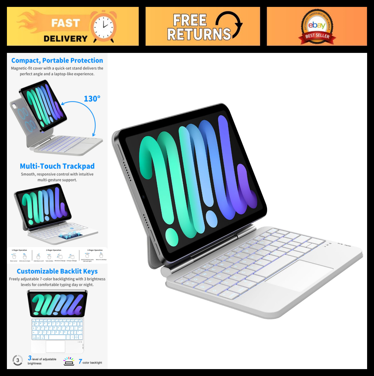 iPad Mini 7/6 Keyboard Case - Wireless Magic-Style, 7-Color Backlit, Smart Track