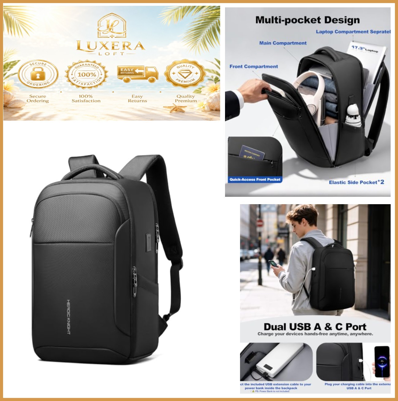 New 17.3in Travel Laptop Backpack 30L Waterproof USB Charging Business Carry On
