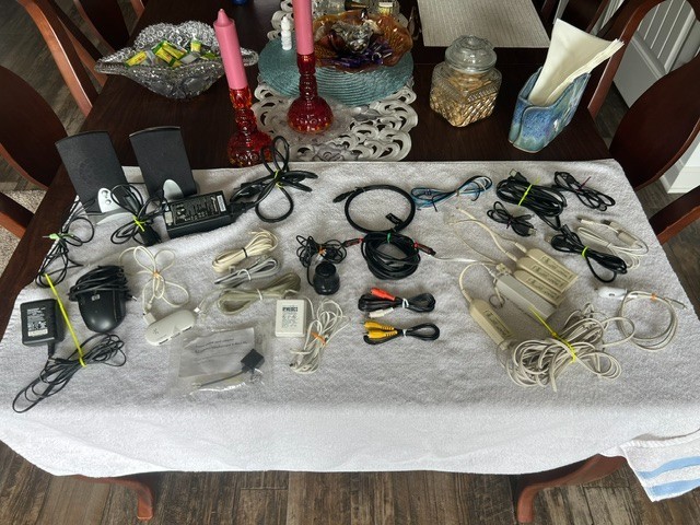 LOT OF MISC COMPUTER   / PHONE   /  TV   CABLES WIRES SPEAKERS CHARGERS